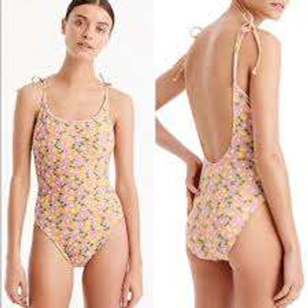 J.Crew Womens Lemon Floral One Piece Swimsuit Purple‎ Yellow Tie Shoulder 12